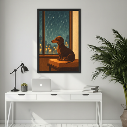 Cozy rainy window dachshund canvas wall art framed above a white desk with a laptop and black lamp.