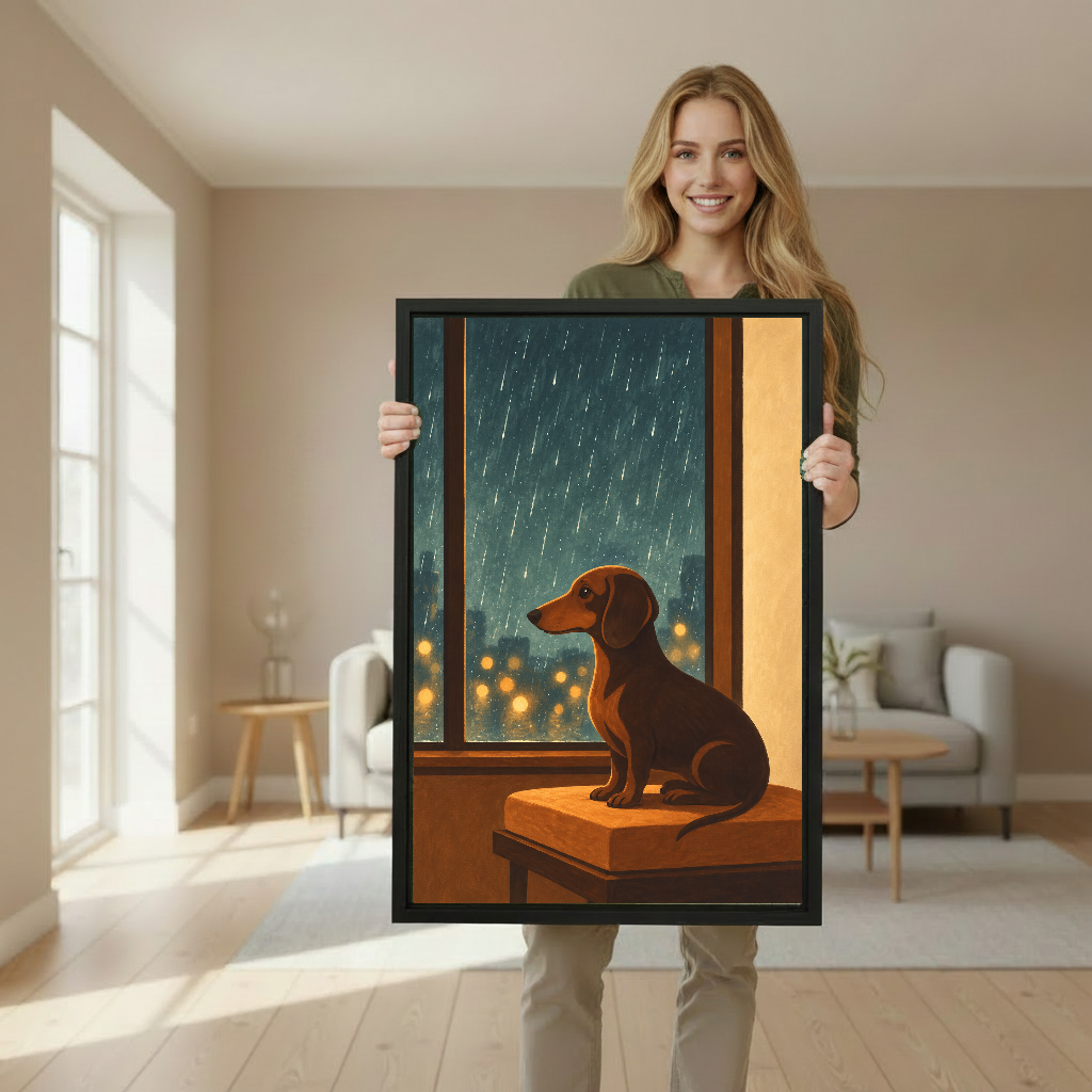Cozy rainy window dachshund canvas wall art framed as a woman holds the artwork in a softly lit room.