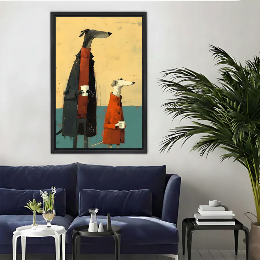 Cozy greyhound coffee canvas wall art framed above a navy sofa beside a tall indoor palm.