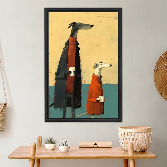 Cozy Greyhound Coffee Canvas Wall Art L6059 — Framed canvas; warm neutral living space
