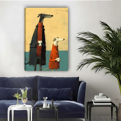 Cozy greyhound coffee canvas wall art unframed above a navy sofa in a bright living room.