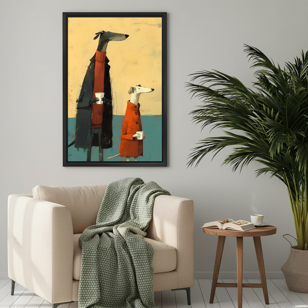 Cozy greyhound coffee canvas wall art framed above a cream armchair with a green knitted blanket.