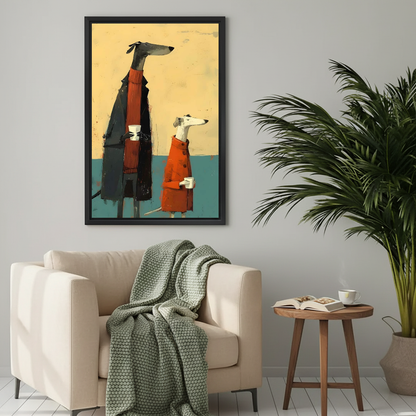 Cozy greyhound coffee canvas wall art framed above a cream armchair with a green knitted blanket.