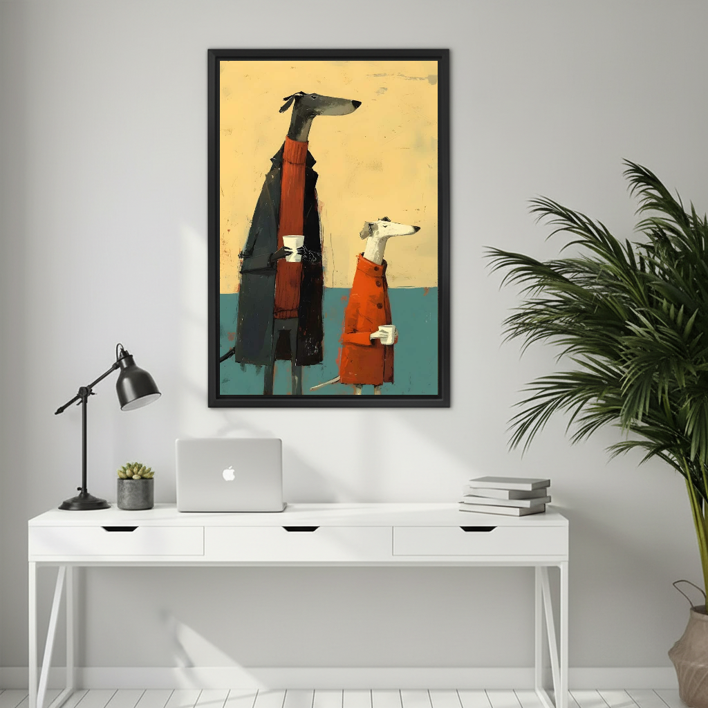 Cozy greyhound coffee canvas wall art framed above a white desk with a laptop and black lamp.
