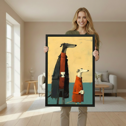 Cozy greyhound coffee canvas wall art framed as a woman holds the artwork in a softly lit room.