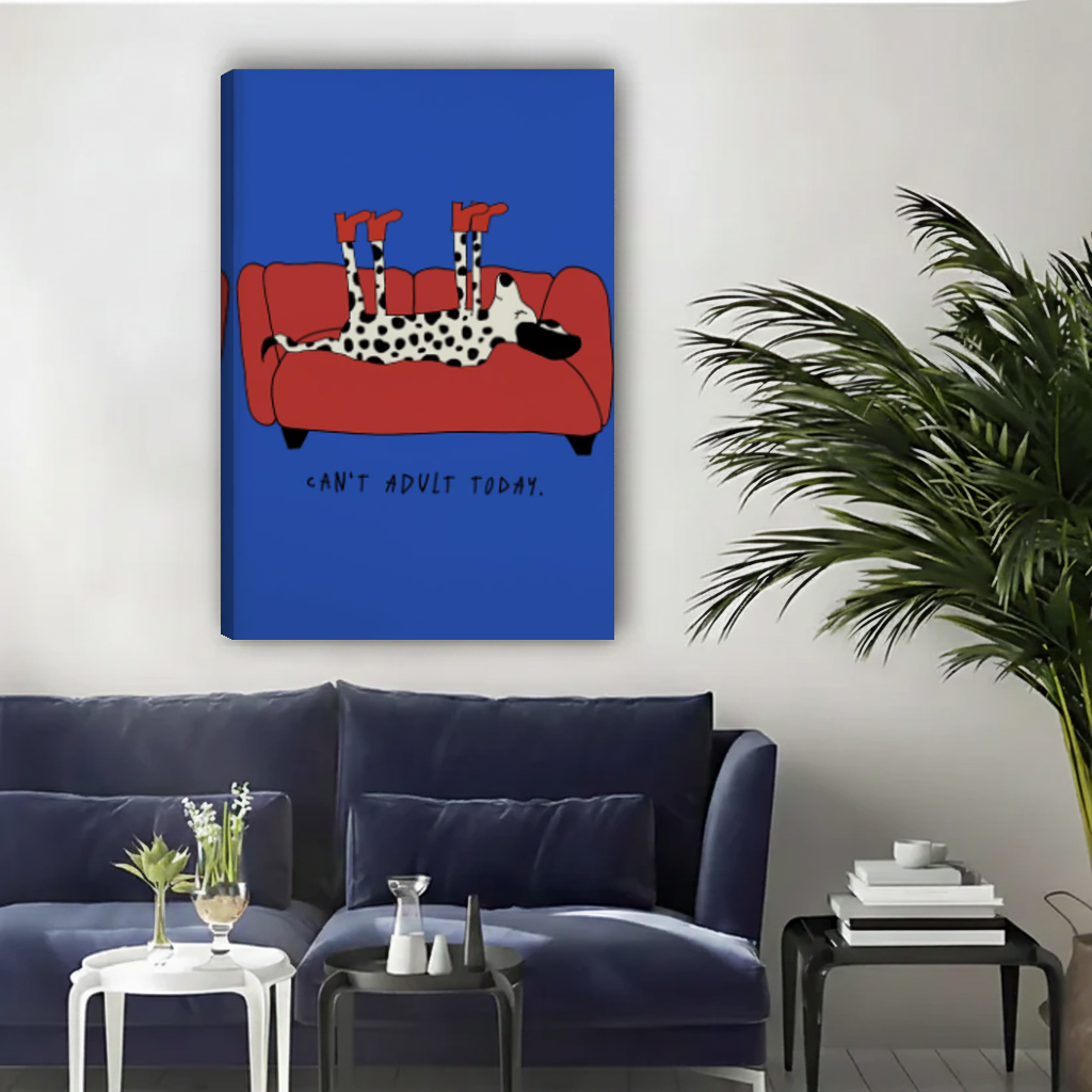 Lazy dog sofa canvas wall art unframed above a navy sofa in a bright living room.