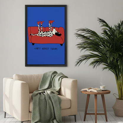Lazy dog sofa canvas wall art framed above a cream armchair with a green knitted blanket.