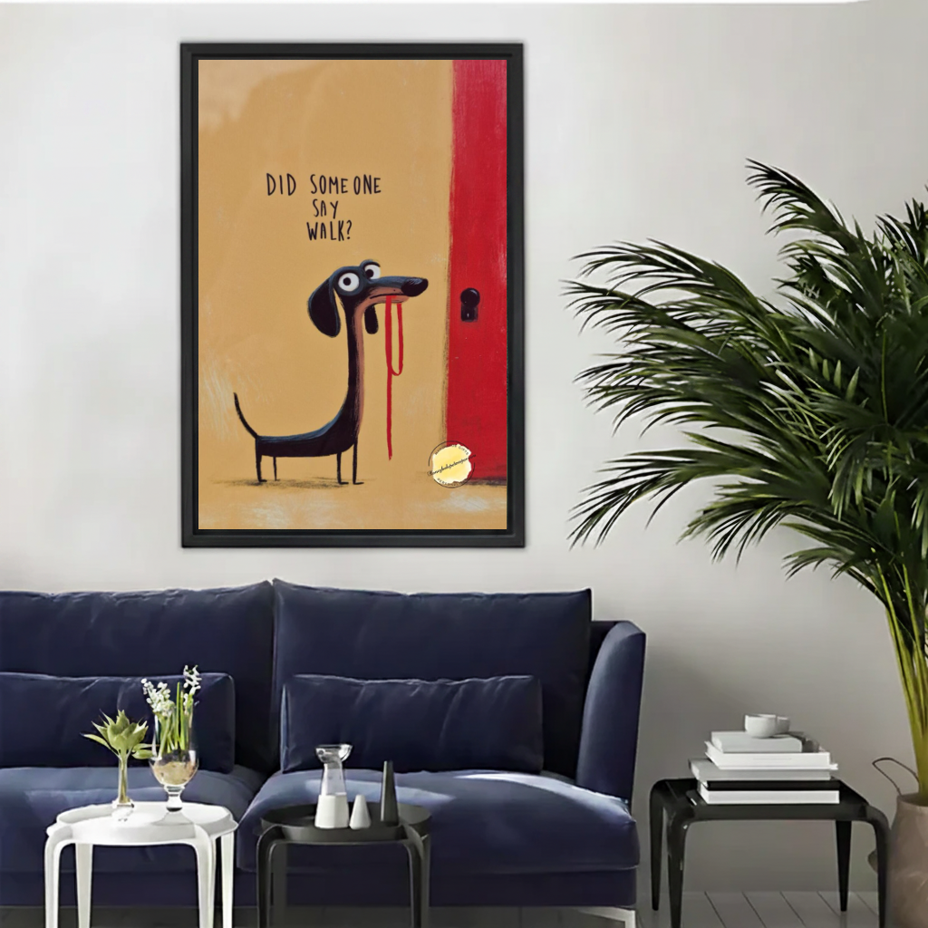 Eager dachshund walk canvas wall art framed above a navy sofa beside a tall indoor palm.