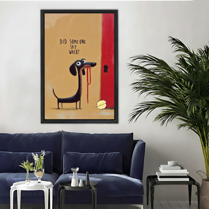 Eager dachshund walk canvas wall art framed above a navy sofa beside a tall indoor palm.