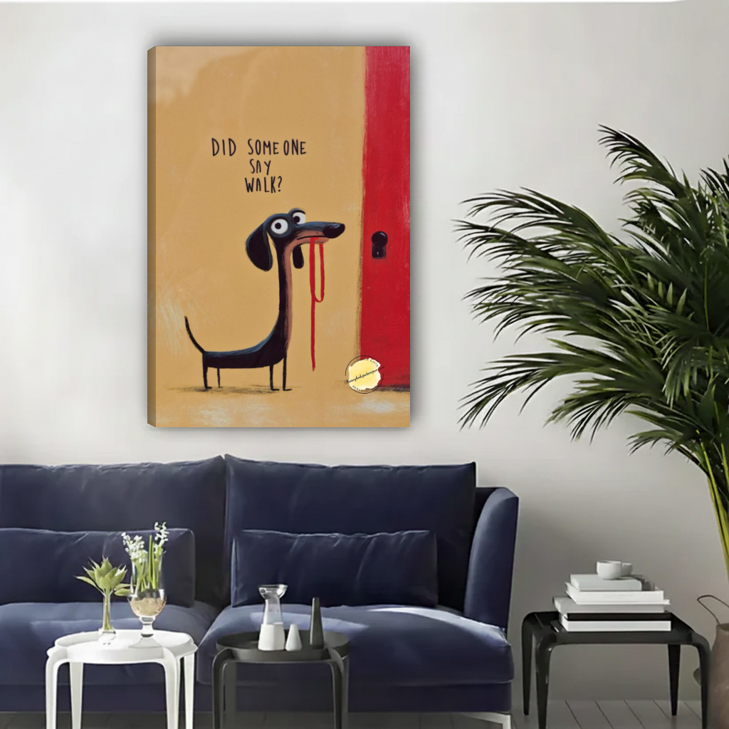 Eager dachshund walk canvas wall art unframed above a navy sofa in a bright living room.