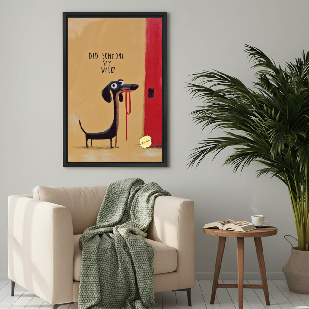 Eager dachshund walk canvas wall art framed above a cream armchair with a green knitted blanket.