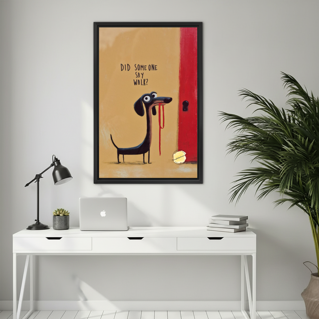 Eager dachshund walk canvas wall art framed above a white desk with a laptop and black lamp.