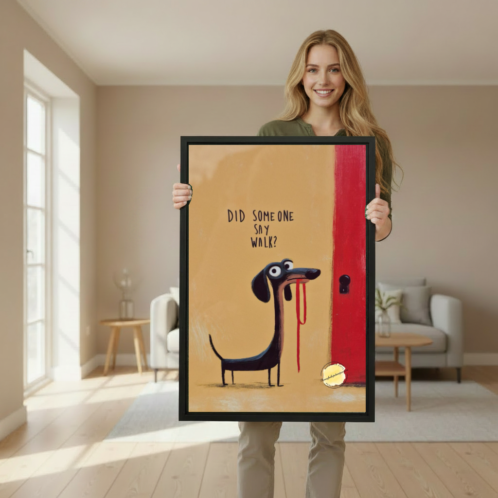 Eager dachshund walk canvas wall art framed as a woman holds the artwork in a softly lit room.