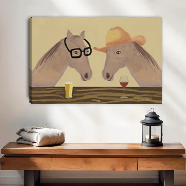 Whimsical horse wine canvas wall art unframed above a wooden console in a bright neutral room.