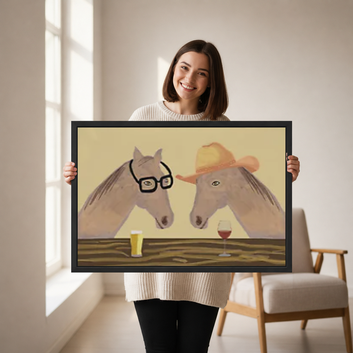 Whimsical horse wine canvas wall art framed as a woman holds the artwork near a cream armchair.