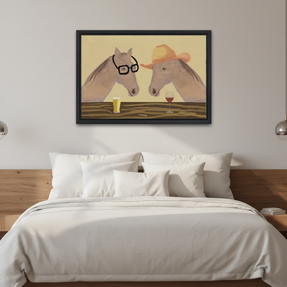 Whimsical horse wine canvas wall art framed above a white bed with a wooden headboard and pillows.