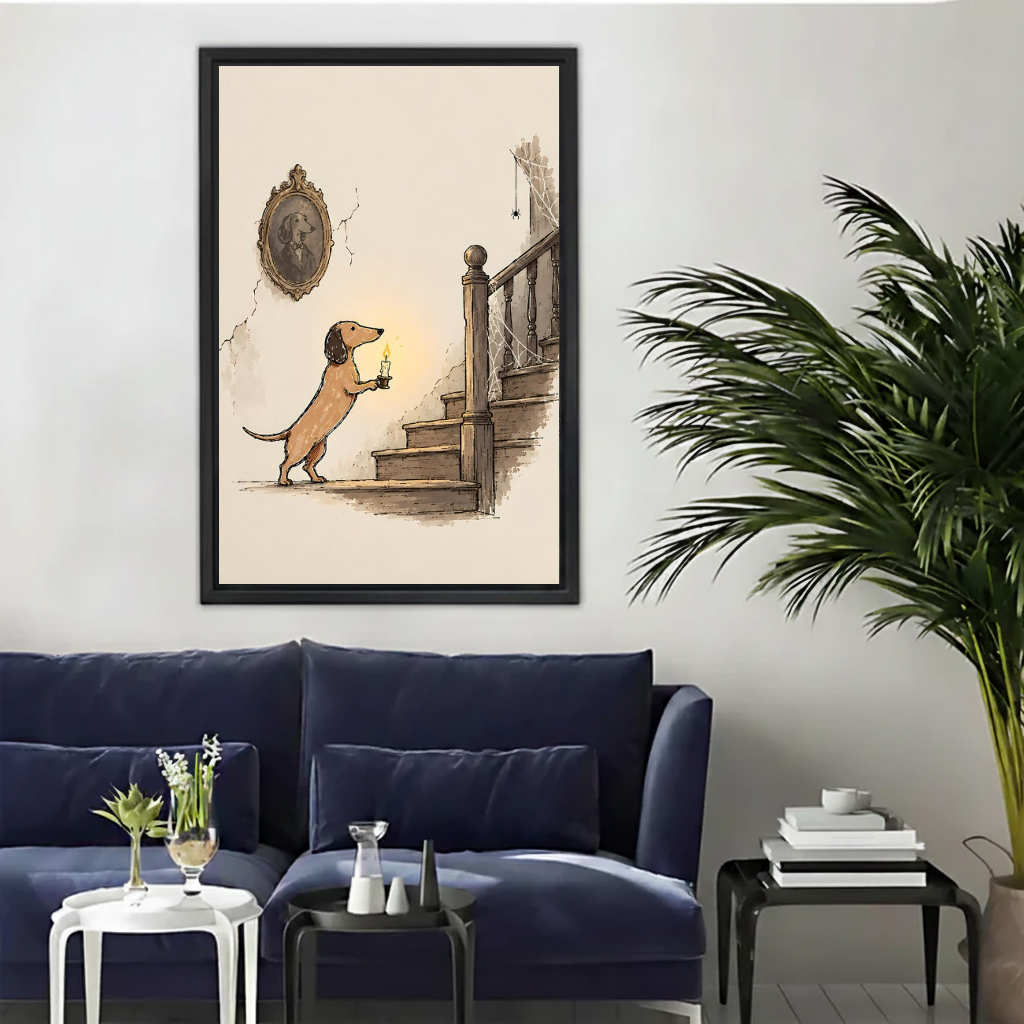 Candlelit dachshund stair canvas wall art framed above a navy sofa beside a tall indoor palm.