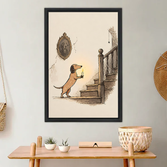 Candlelit Dachshund Stair Canvas Wall Art L6065 — Framed canvas; warm neutral living space