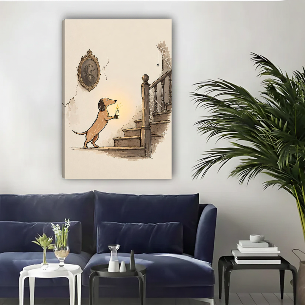 Candlelit dachshund stair canvas wall art unframed above a navy sofa in a bright living room.