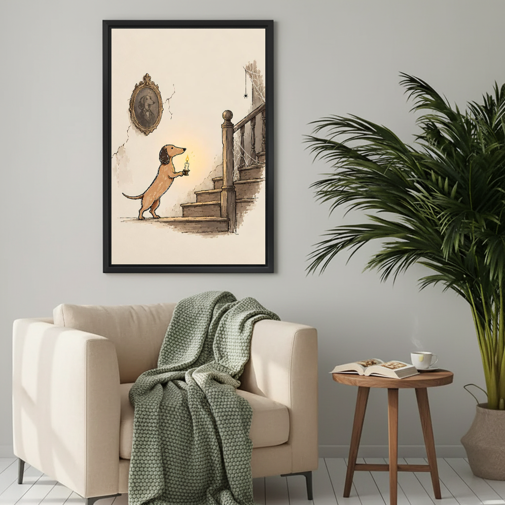 Candlelit dachshund stair canvas wall art framed above a cream armchair with a green knitted blanket.