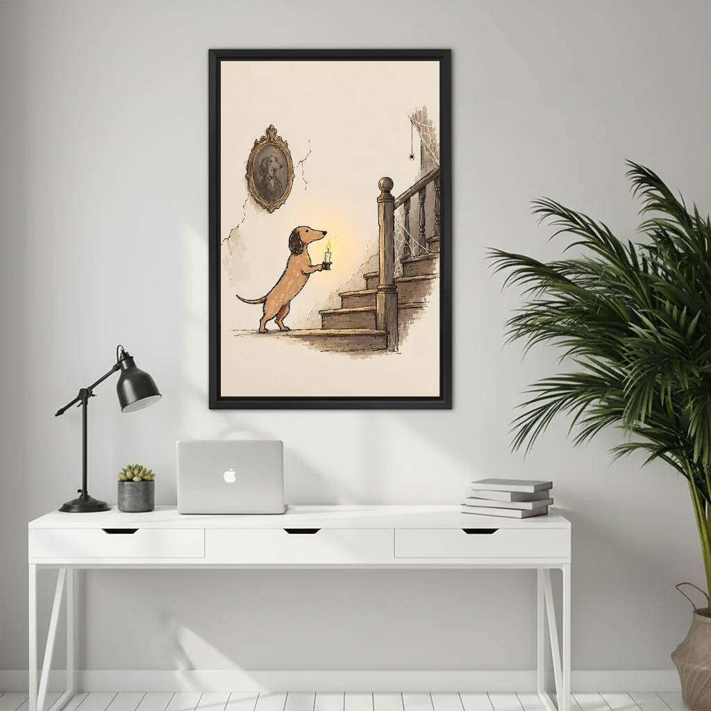 Candlelit dachshund stair canvas wall art framed above a white desk with a laptop and black lamp.