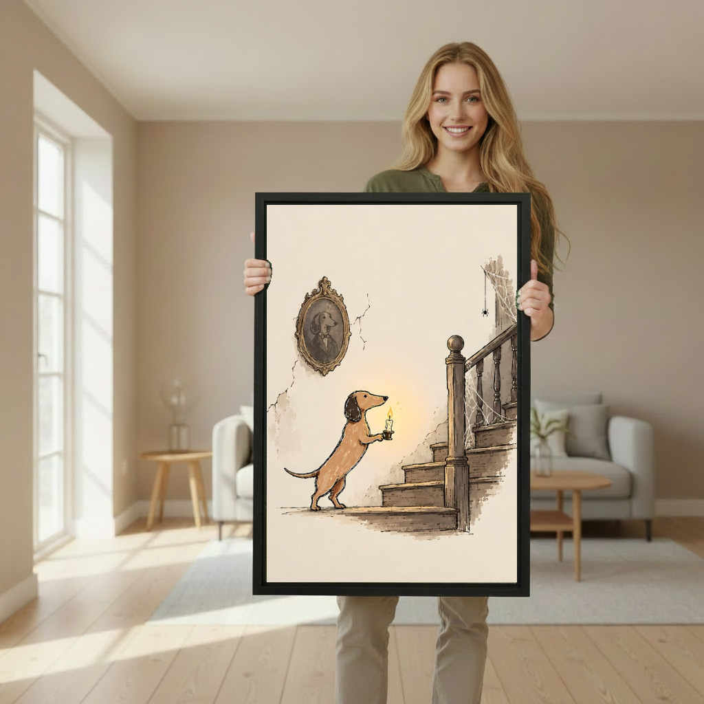 Candlelit dachshund stair canvas wall art framed as a woman holds the artwork in a softly lit room.