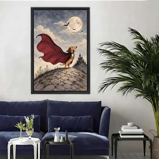 Hero cape dachshund canvas wall art framed above a navy sofa beside a tall indoor palm.