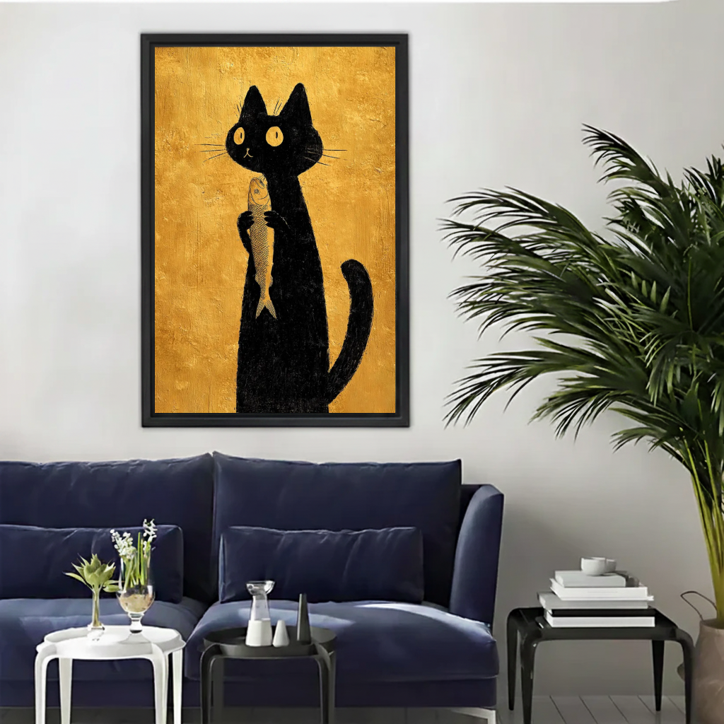 Golden black cat canvas wall art framed above a navy sofa beside a tall indoor palm.