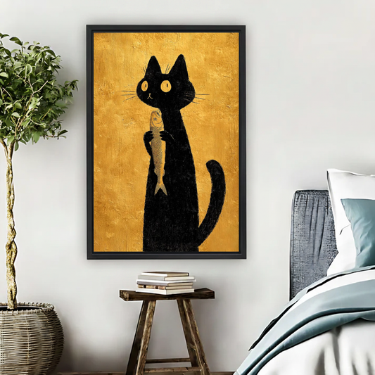 Golden Black Cat Canvas Wall Art L6067 — Framed canvas; bright neutral living space