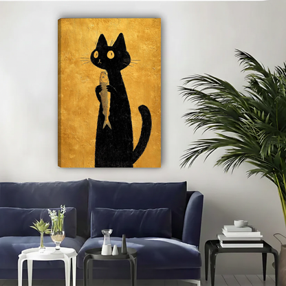 Golden black cat canvas wall art unframed above a navy sofa in a bright living room.