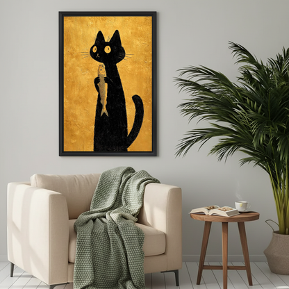 Golden black cat canvas wall art framed above a cream armchair with a green knitted blanket.