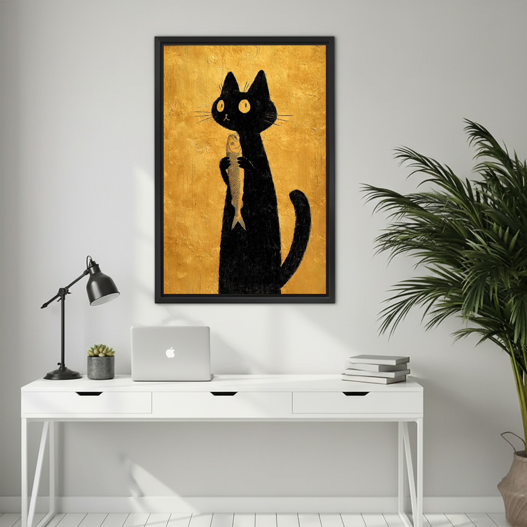 Golden black cat canvas wall art framed above a white desk with a laptop and black lamp.