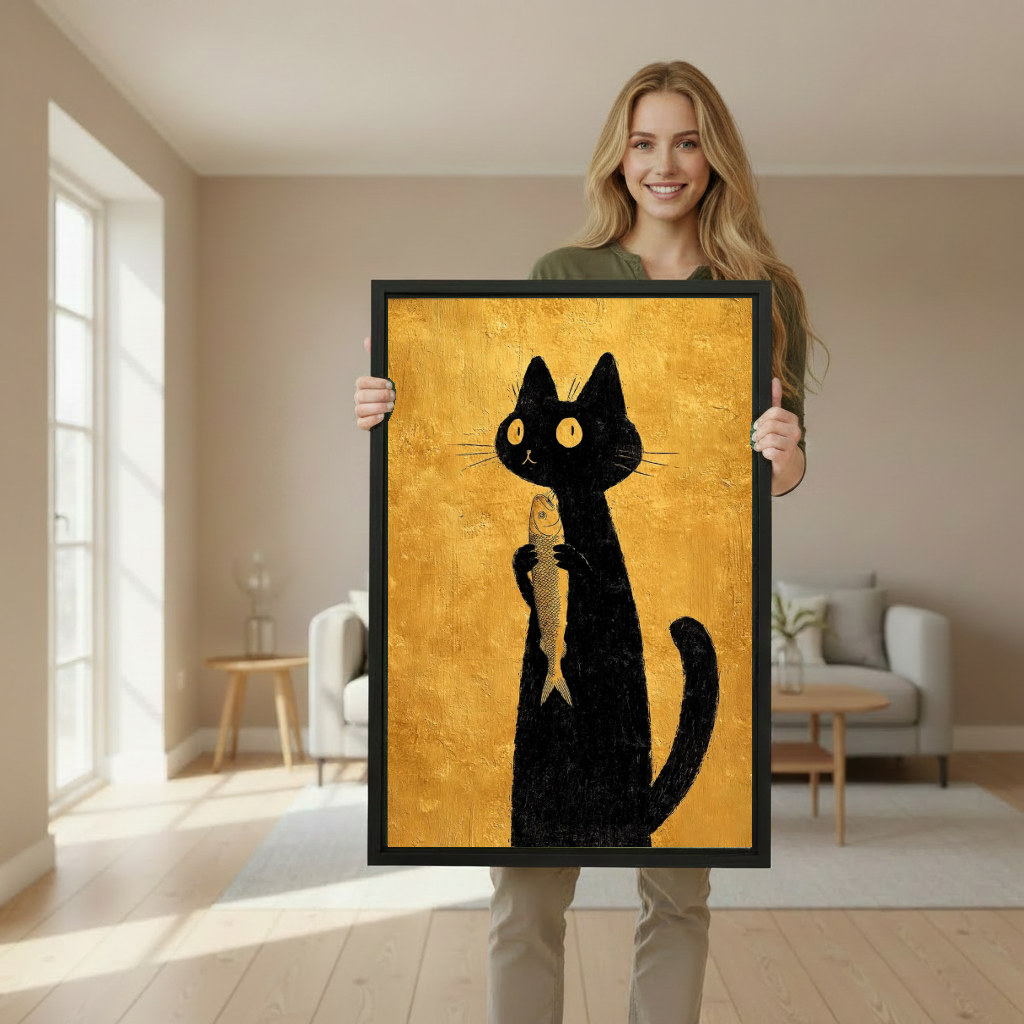 Golden black cat canvas wall art framed as a woman holds the artwork in a softly lit room.