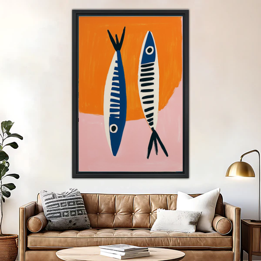Modern Blue Fish Canvas Wall Art L6069 — Framed canvas; warm leather sofa living room