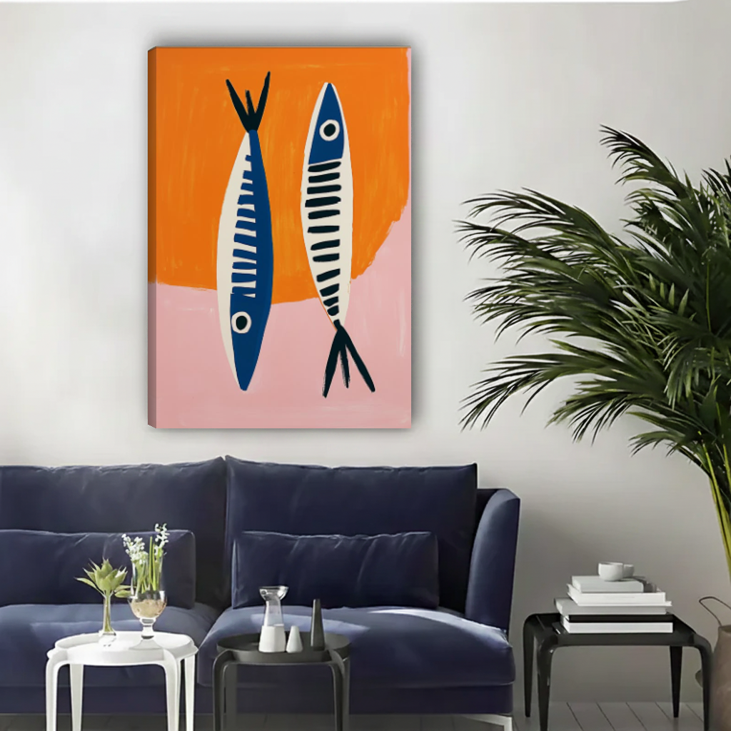 Modern blue fish canvas wall art unframed above a navy sofa in a bright living room.