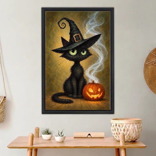 Halloween Witch Cat Canvas Wall Art L6070 — Framed canvas; warm neutral living space