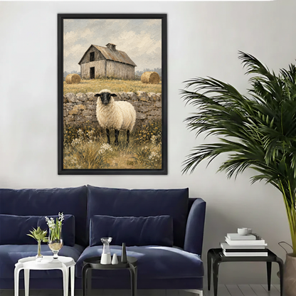Rustic barn sheep canvas wall art framed above a navy sofa beside a tall indoor palm.