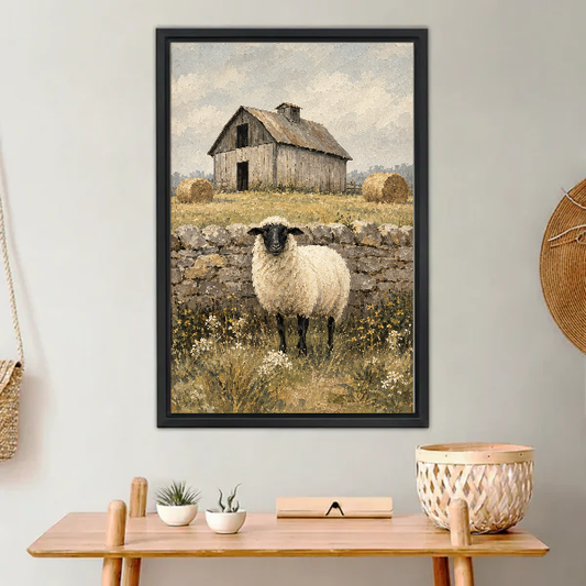 Rustic Barn Sheep Canvas Wall Art L6071 — Framed canvas; warm neutral living space