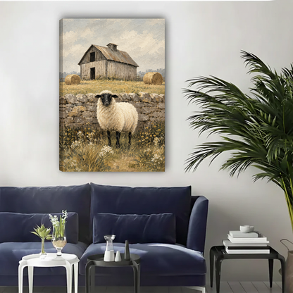 Rustic barn sheep canvas wall art unframed above a navy sofa in a bright living room.