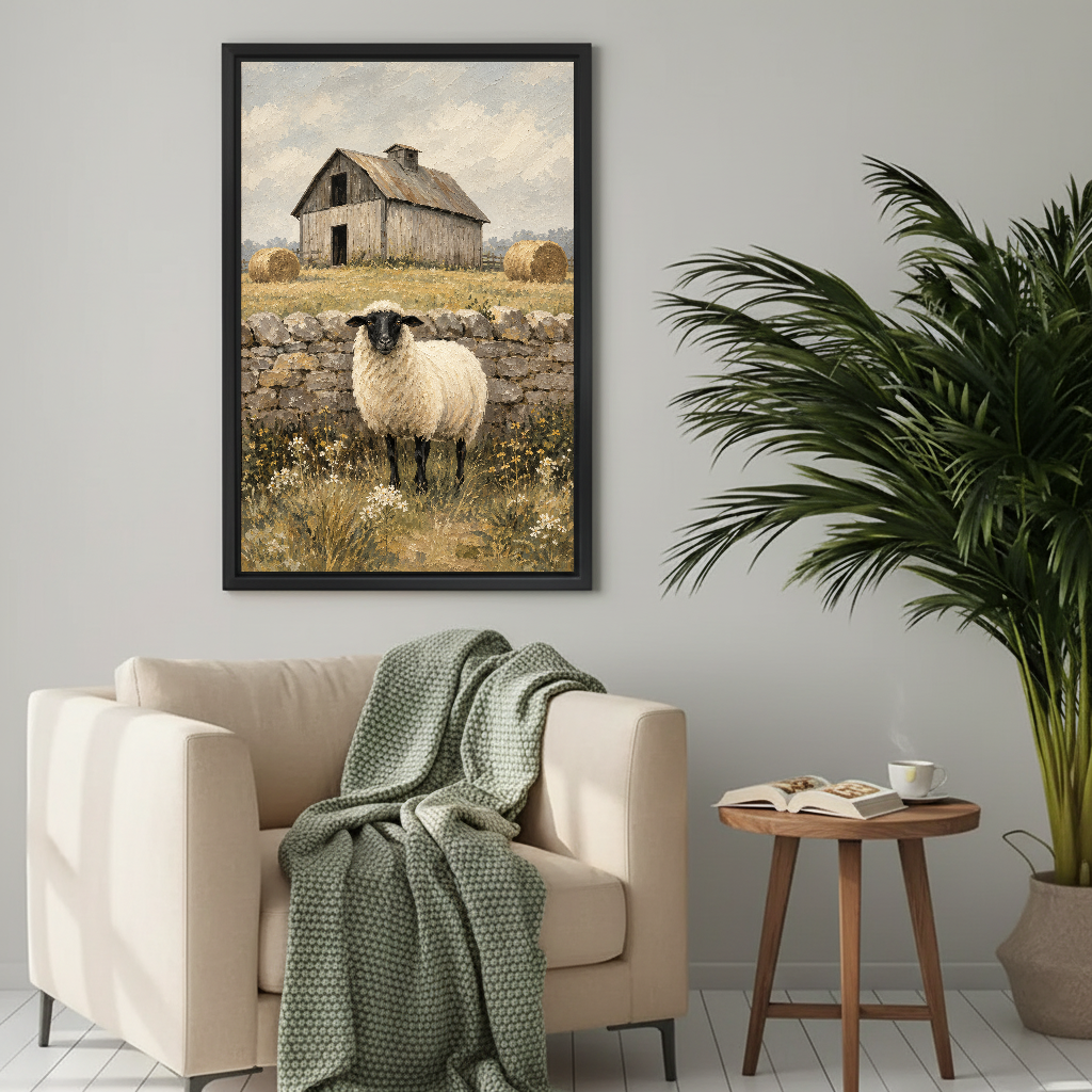 Rustic barn sheep canvas wall art framed above a cream armchair with a green knitted blanket.