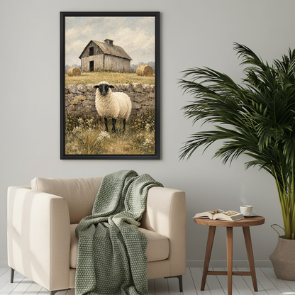 Rustic barn sheep canvas wall art framed above a cream armchair with a green knitted blanket.