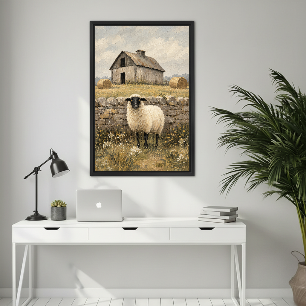 Rustic barn sheep canvas wall art framed above a white desk with a laptop and black lamp.