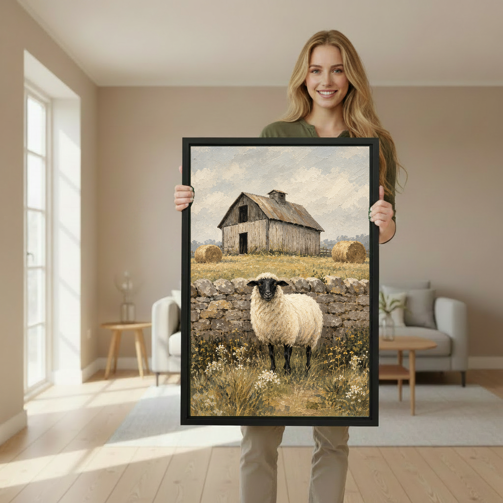 Rustic barn sheep canvas wall art framed as a woman holds the artwork in a softly lit room.