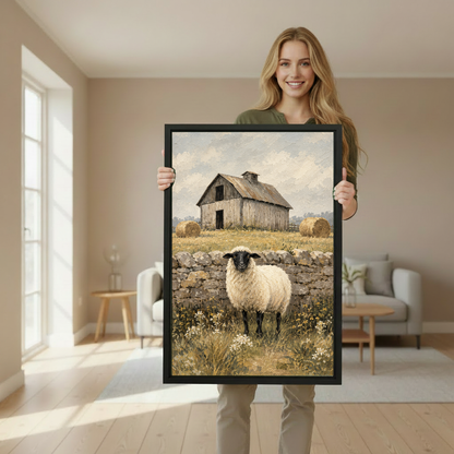 Rustic barn sheep canvas wall art framed as a woman holds the artwork in a softly lit room.