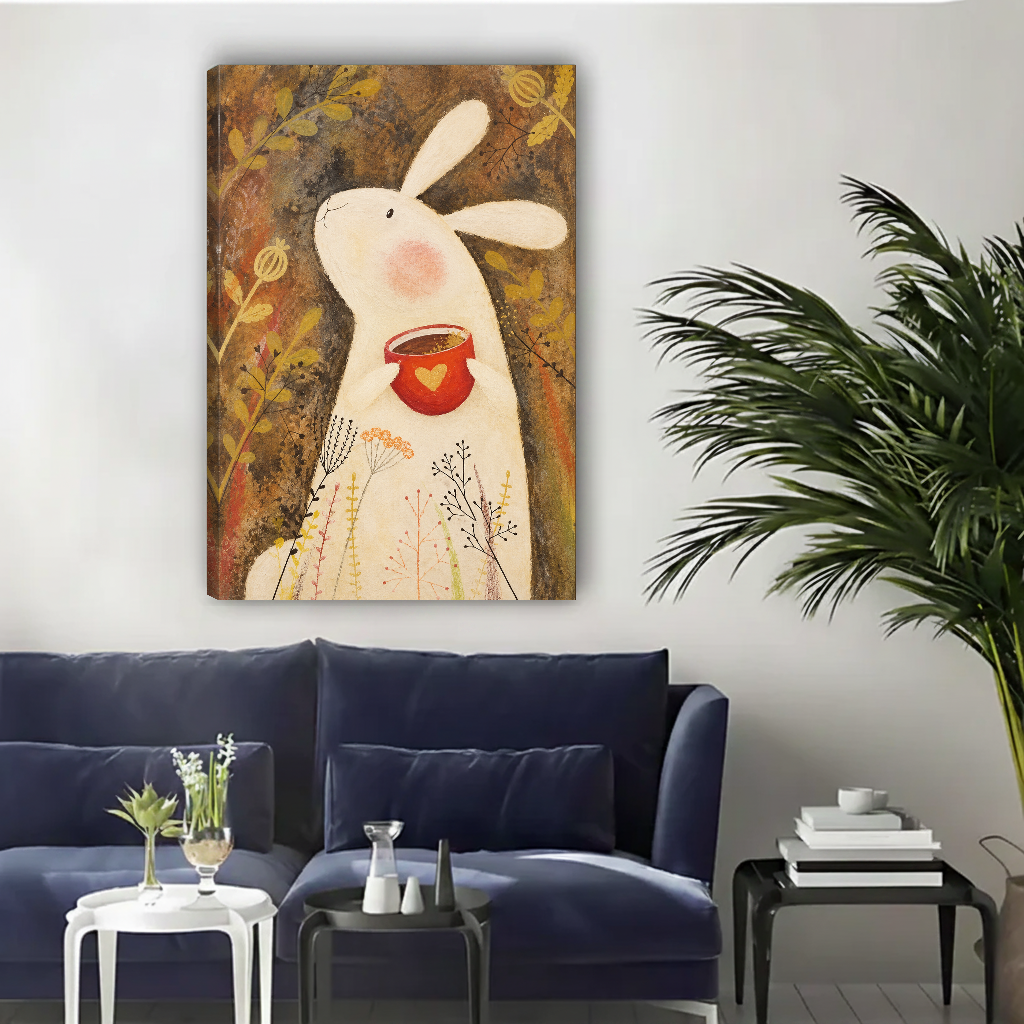 Gentle bunny heart canvas wall art unframed above a navy sofa in a bright living room.