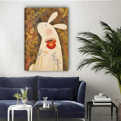 Gentle bunny heart canvas wall art unframed above a navy sofa in a bright living room.