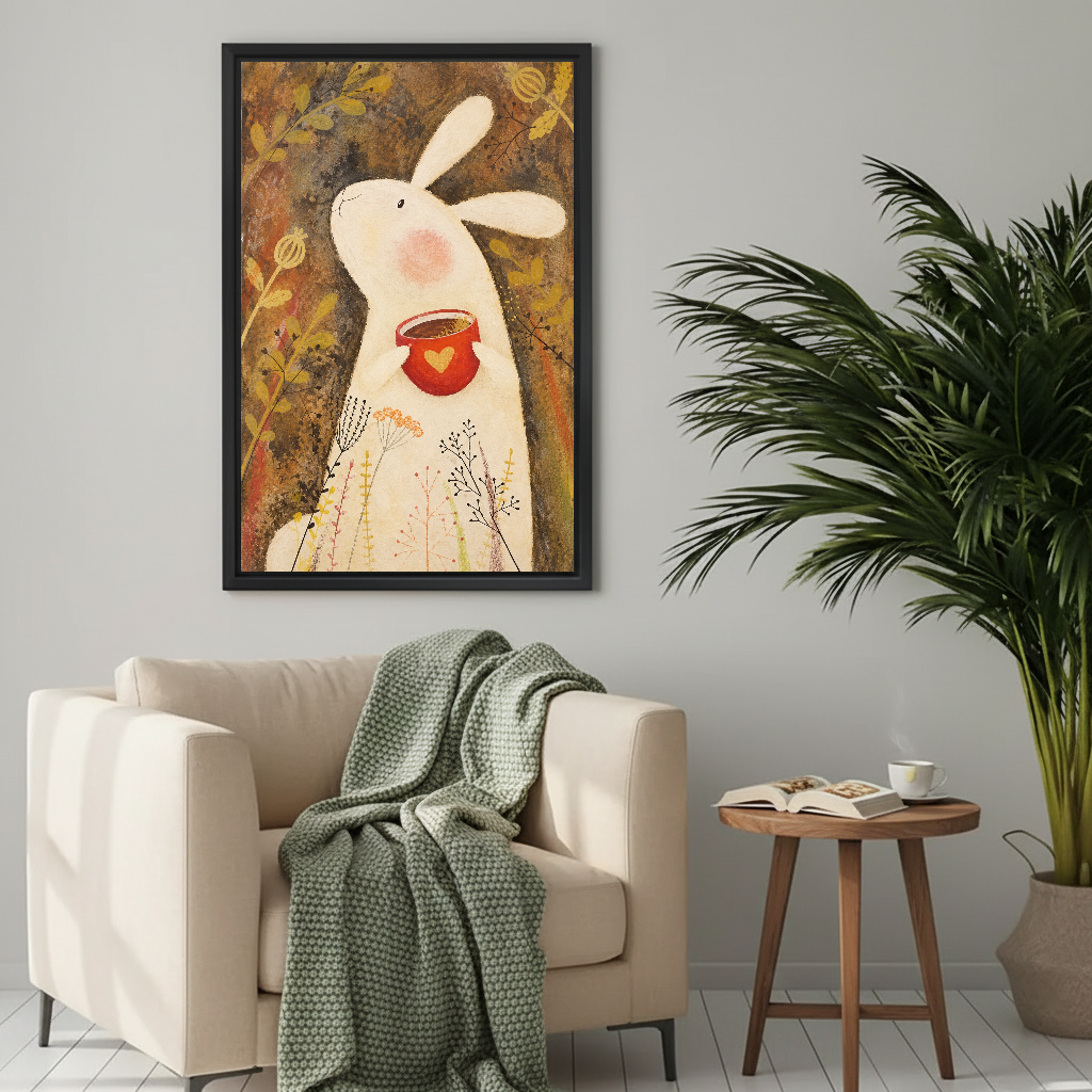 Gentle bunny heart canvas wall art framed above a cream armchair with a green knitted blanket.