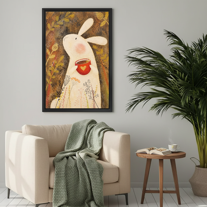 Gentle bunny heart canvas wall art framed above a cream armchair with a green knitted blanket.