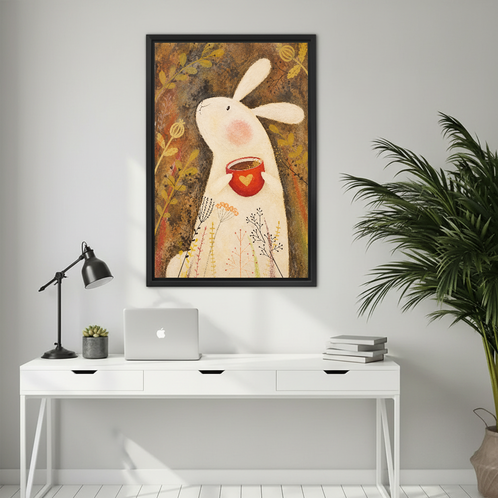 Gentle bunny heart canvas wall art framed above a white desk with a laptop and black lamp.