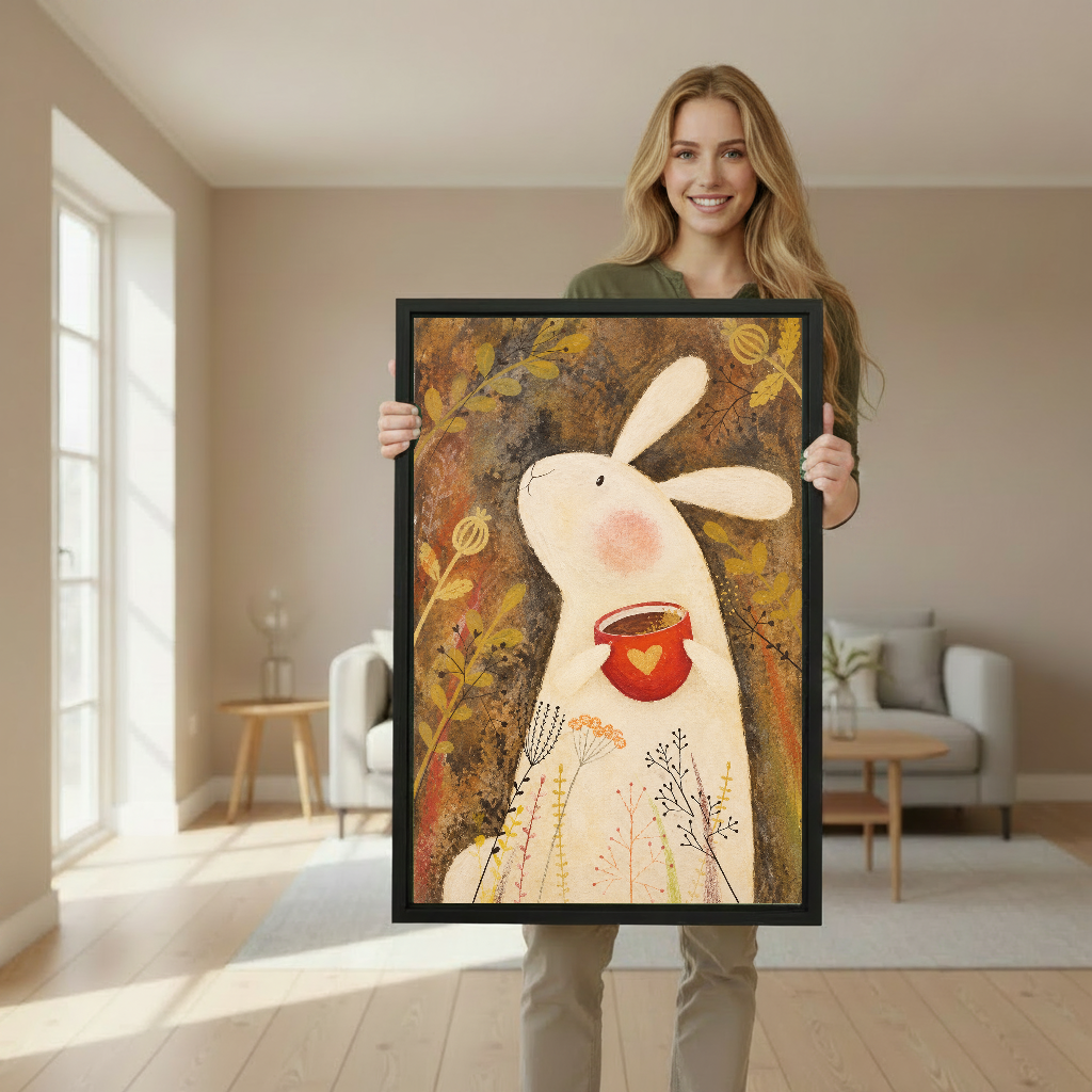 Gentle bunny heart canvas wall art framed as a woman holds the artwork in a softly lit room.